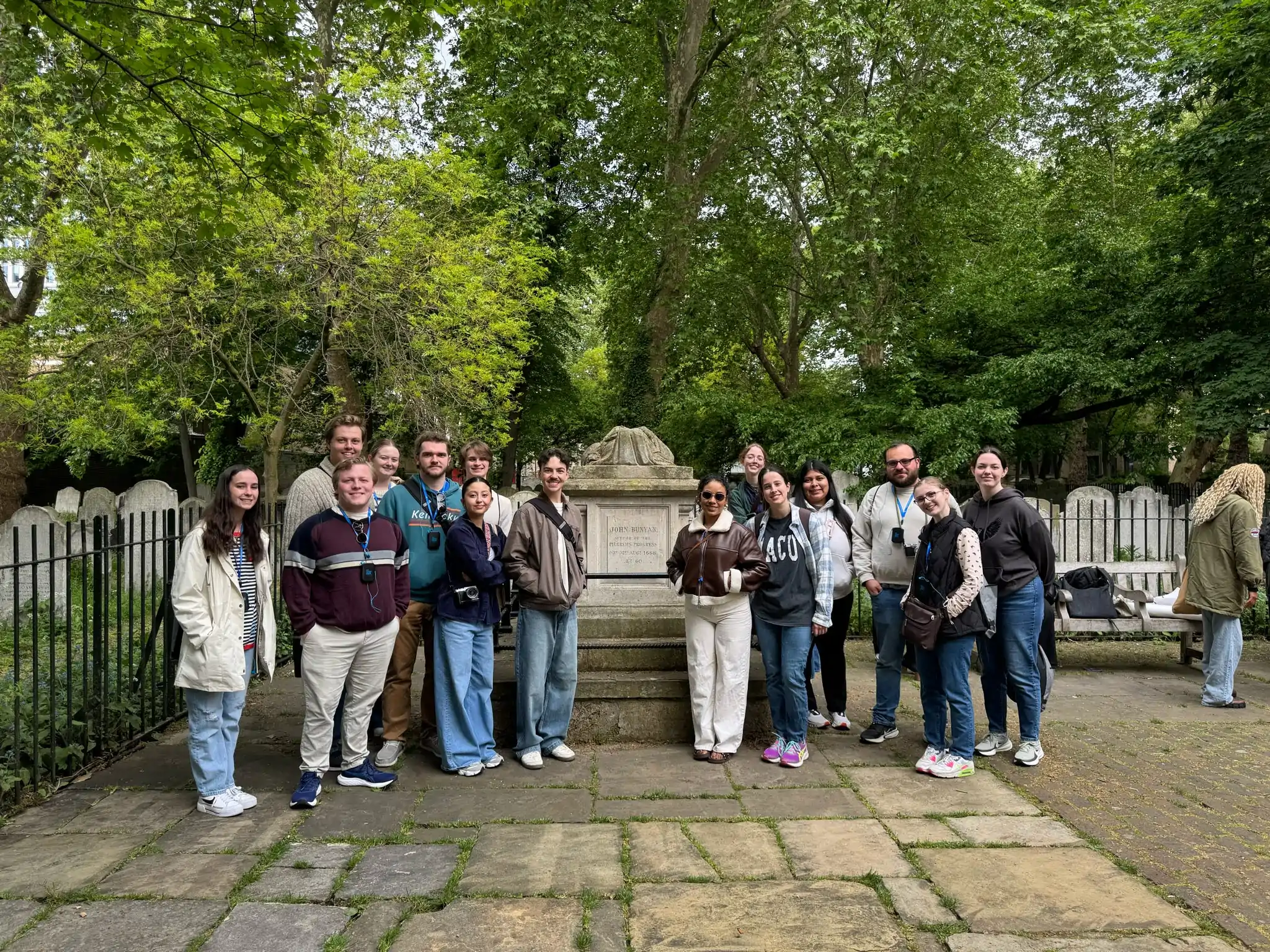 A group of MACU students in front of the tomb of John Bunyan, the author of The Pilgrim’s Progress.